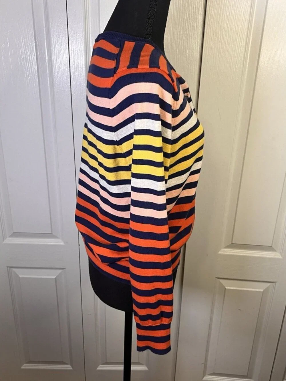 Lands End Supima Cotton Striped Cardigan Sweater Sz S 6-8 Orange Blue Button
